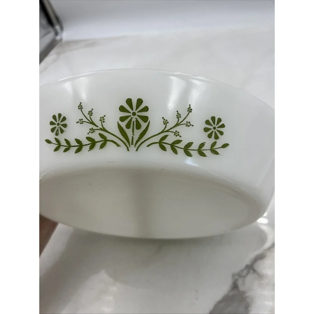Vintage Glasbake Casserole Dish Milk Glass Divided Green Daisy Pattern J2352